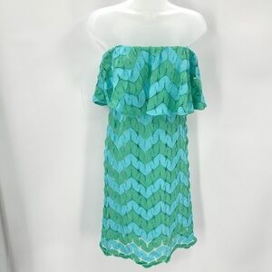 Judith March Strapless Dress Size S Blue Green Chevron Crochet Lace Ruffle -READ